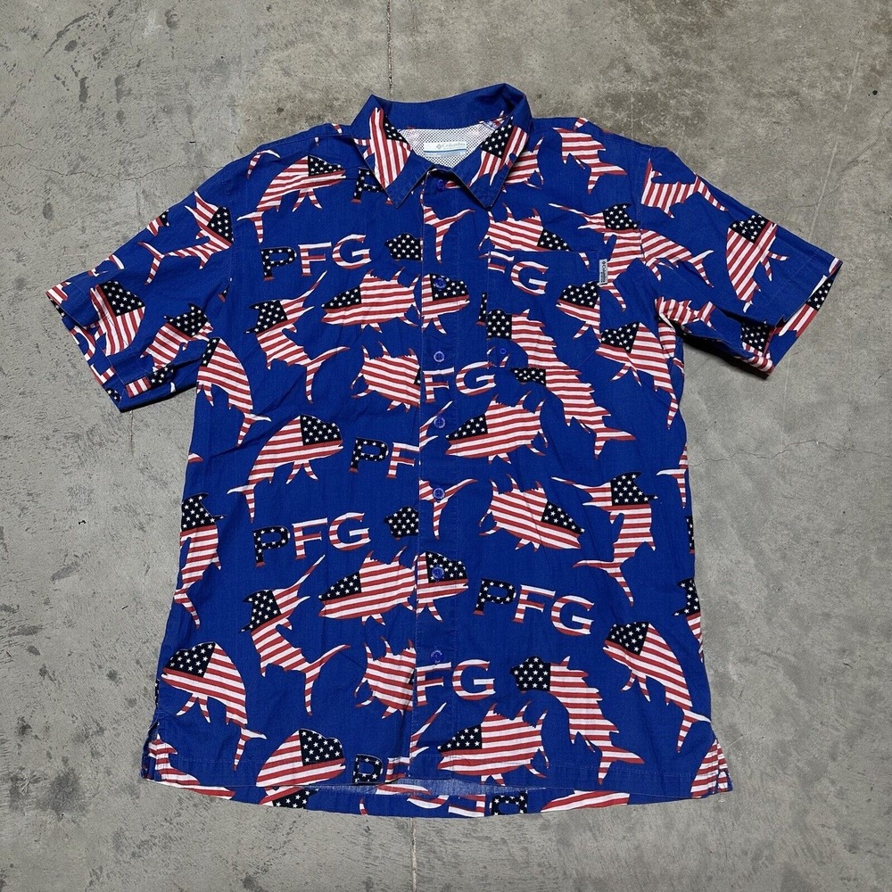 Columbia PFG Blue Short Sleeve Button-Down Shirt with American Flag Shark Print